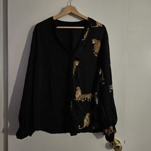 SIZE 3XL EMERY ROSE button down shirt long sleeves leopards cats black